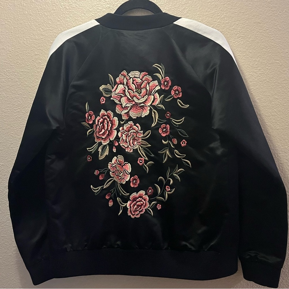 Forever 21 Black Bomber Jacket with Pink Floral Embroidery